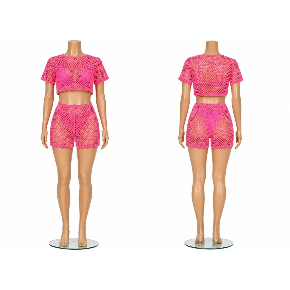 American Leisure Pink Mesh Two Piece Swimsuit Cover Up Crop Top Shorts Set S